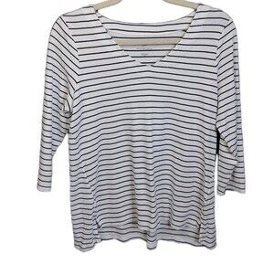 J.Jill Shirt Womens Sz M Pima Cotton 3/4 Sleeve V-Neck Striped Top EUC Coastal